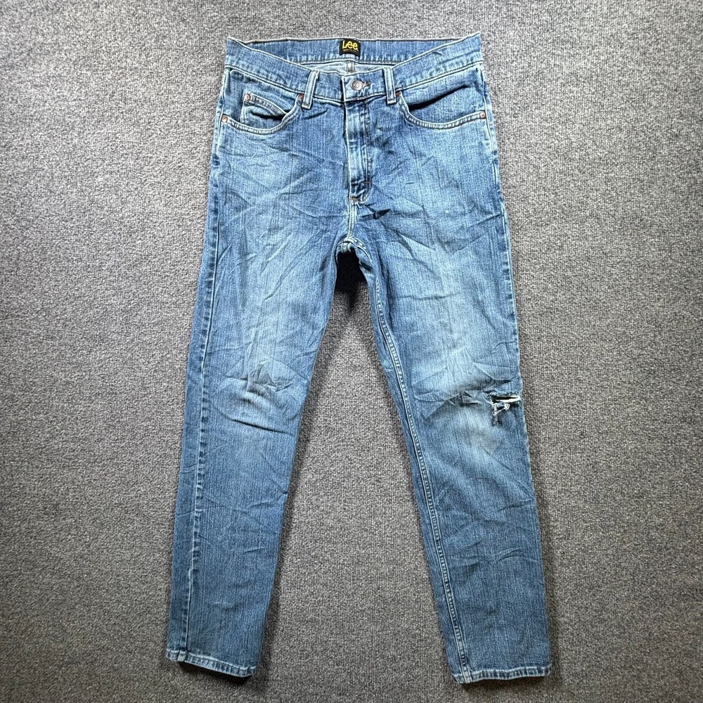 Lee Jeans Mens 32x34 Blue Denim Medium Wash Regular Straight Distressed Grunge